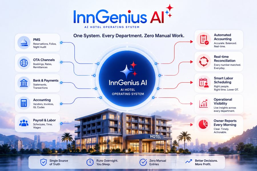 AI Hotel Operating System diagram — one ledger connecting every department