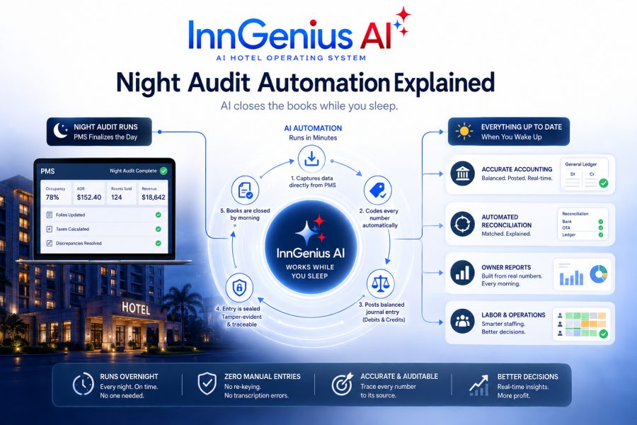 Night Audit Automation Explained — six-step sequence from audit runs to books closed by morning
